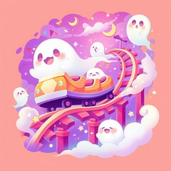 Playful ghosts riding a roller coaster under a pastel sky, symbolizing Halloween fun and spooky adventures. Perfect for childrens books, Halloween cards, and festive decorations.