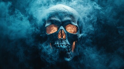 A skull with glowing orange eyes shrouded in mystical blue smoke.