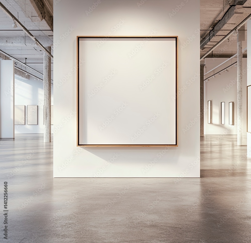 Poster a large white picture frame hangs on the wall of an art gallery. the rectangular frame has thin wood
