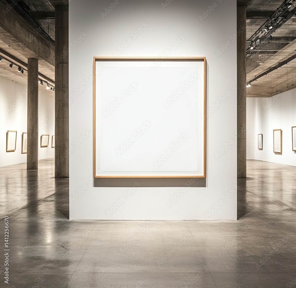 Poster a large white picture frame hangs on the wall of an art gallery. the rectangular frame has thin wood