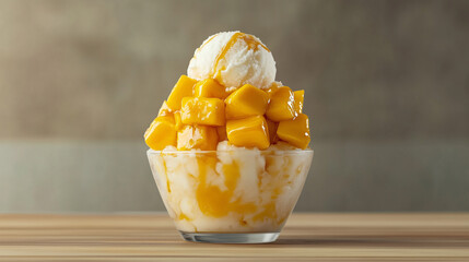 ふわふわ氷の上に輝く黄金色のマンゴーとアイス | ナチュラルテイスト
