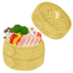 豚肉と野菜とせいろ　蓋つき　水彩風手描きイラスト