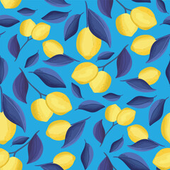 Lemons vector seamless pattern on blue background