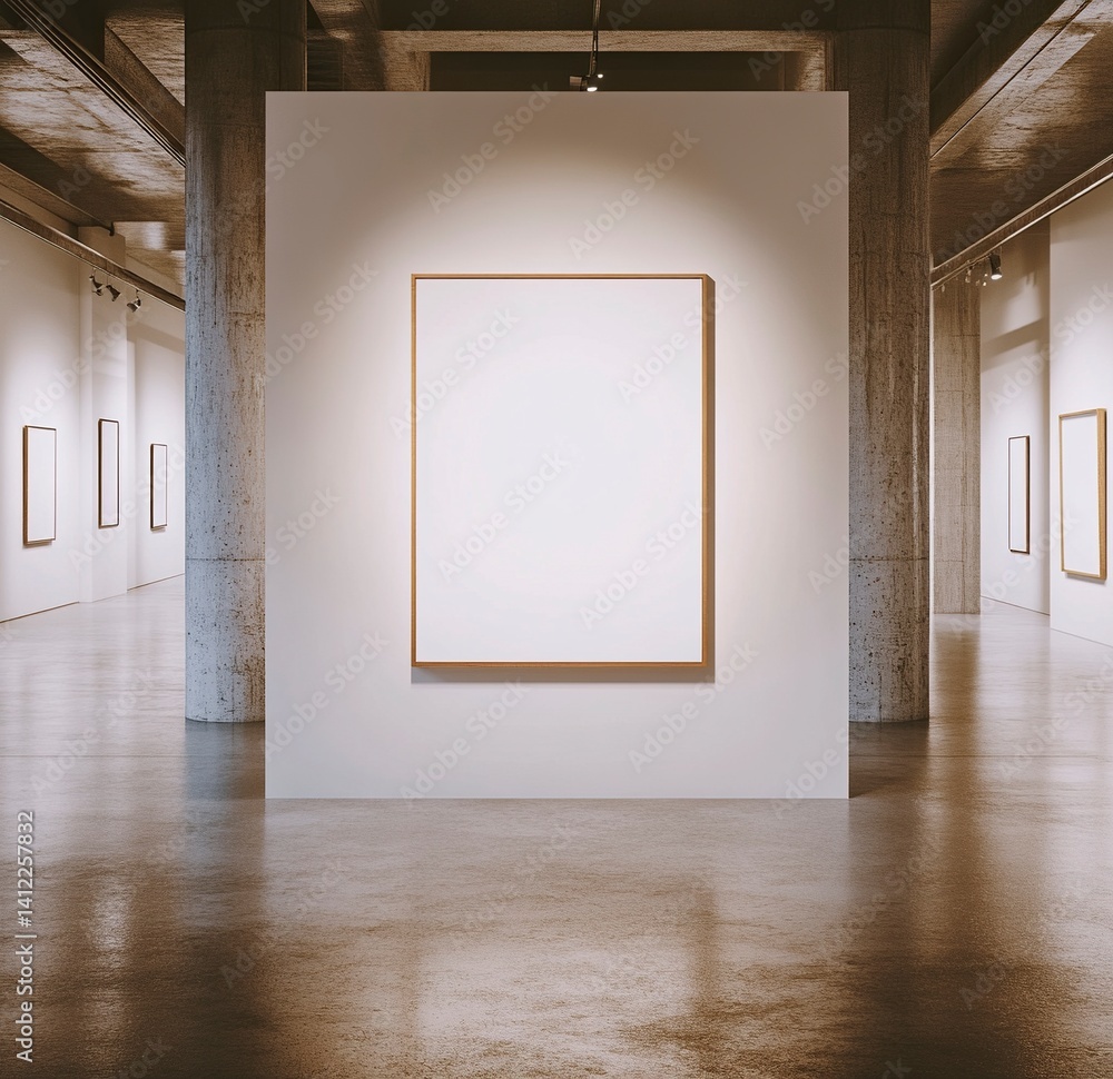 Poster a large white picture frame hangs on the wall of an art gallery. the rectangular frame has thin wood