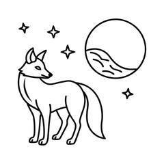 Decorative Fox Illustration in a Night Scene with Crescent Moon and Stars