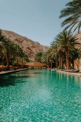 Fototapeta premium Resort Pool View Turquoise Water Reflects Mountain Range Underneath Blue Skies