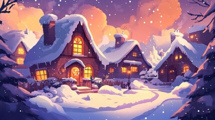 Fototapeta premium Cozy Winter Scene of Charming Snow-Covered Cottage at Dusk
