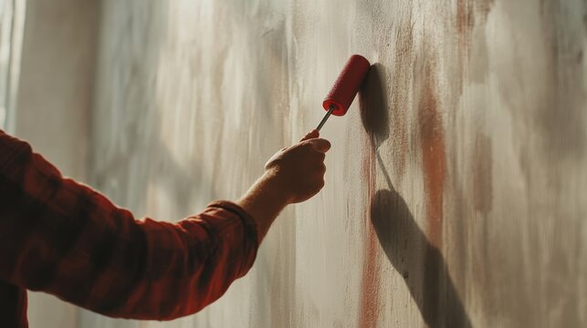 Painter priming wall before painting. Indoor living room
