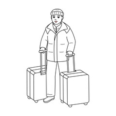 Man in jacket and hat with two suitcase waits for his plane or train. Coloring page of traveler with luggage for children. Black and white image of tourist with baggage.