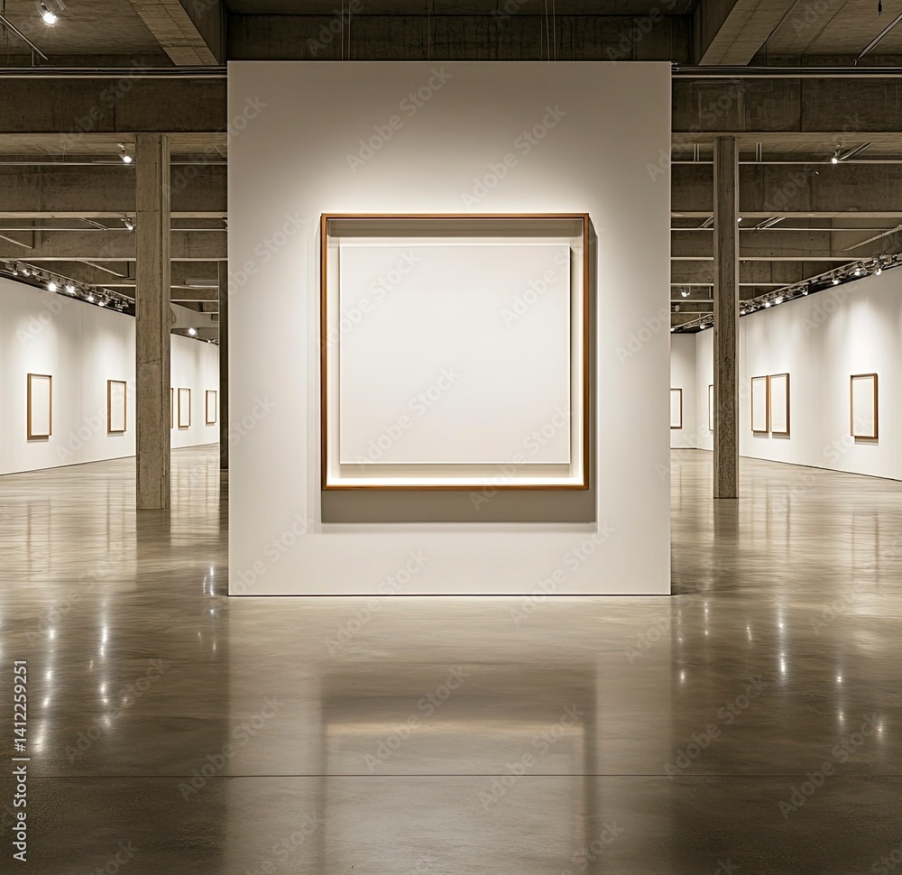 Poster a large white picture frame hangs on the wall of an art gallery. the rectangular frame has thin wood