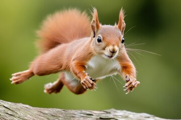 Obraz premium A tiny squirrel leaping from one tree branch to another, mid-motion in a dynamic action shot