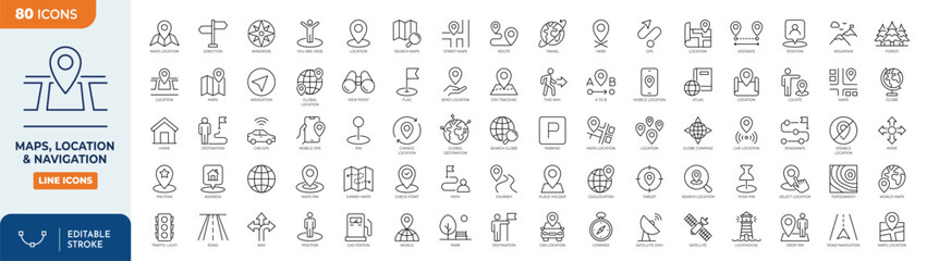 Maps, location and Navigation line editable icon set. Containing navigation, location, map with a pin, route map, navigator, direction and more. Vector illustration. Editable stroke © Cetacons