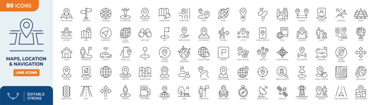 Maps, location and Navigation icon set. Containing navigation, location, map with a pin, route map, navigator, direction and more. Outline Icon Collection. Vector illustration. Editable stroke
