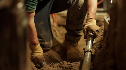 Plumber sealing a water pipe in a crawl space. Featuring plumbing repair and sealing techniques