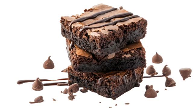 Delicious Brownie Stack with Rich Chocolate Drizzle on White Background