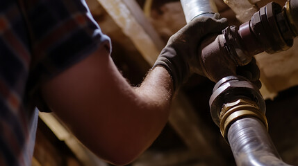 Plumber sealing a water pipe in a crawl space. Featuring plumbing repair and sealing techniques