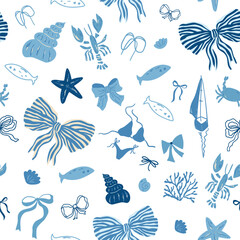 Blue coquette ocean bows seamless pattern. Vector sea elements, ribbons, fish, lobster, seashells, sailing boat, stars. Hand drawn whimsical repeat background, textile design, wallpaper fabric wrap