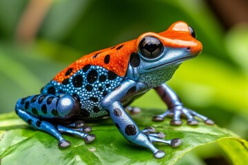 Obraz premium A vibrant Dendrobates (poison dart frog) resting on a tropical leaf, its colorful skin warning predators