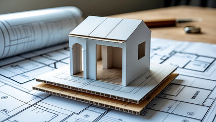 Elegant architectural model overlaid on blueprints