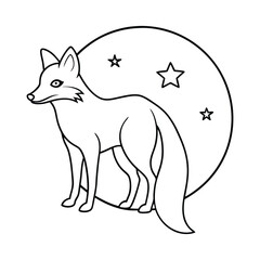 Decorative Fox Illustration in a Night Scene with Crescent Moon and Stars