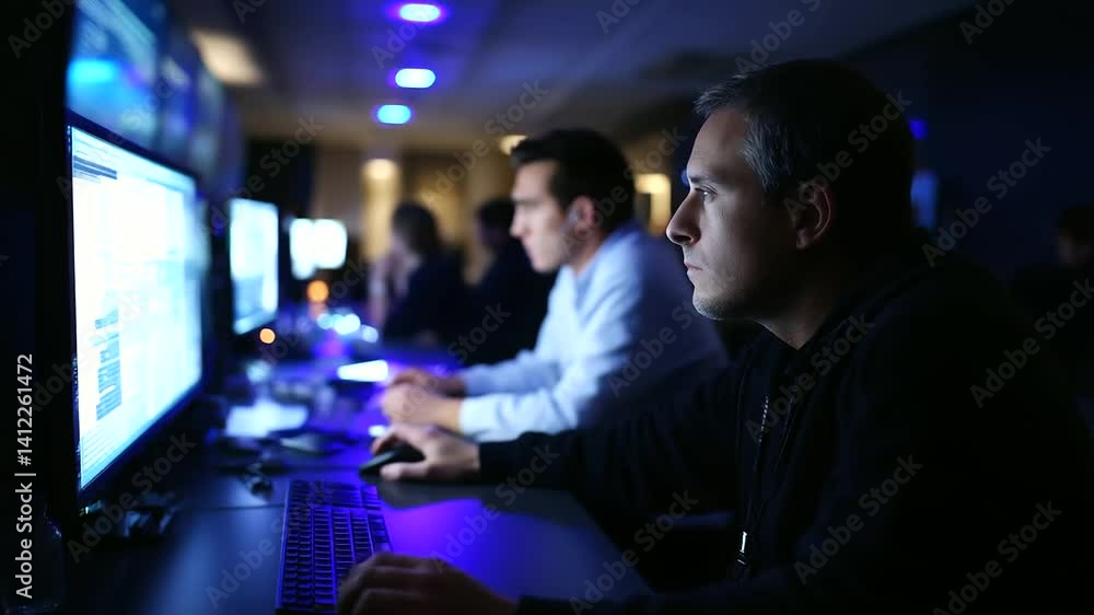 Poster high-tech cybersecurity command center defending against iot vulnerabilities and data breaches.