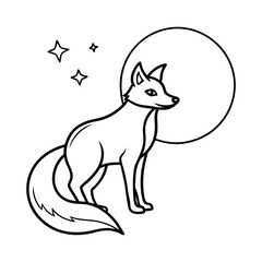 Decorative Fox Illustration in a Night Scene with Crescent Moon and Stars