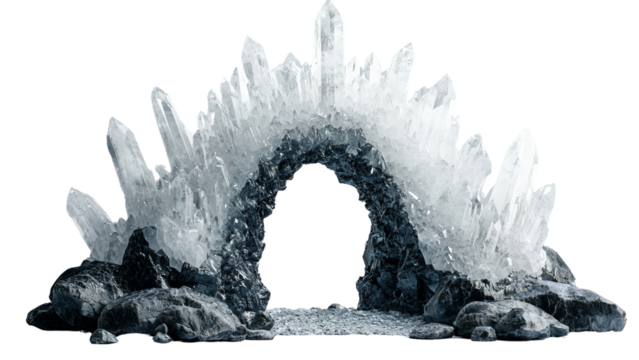 Png of A stunning crystal cave structure featuring sharp, glittering quartz formations, exuding a mystical and ethereal ambiance.