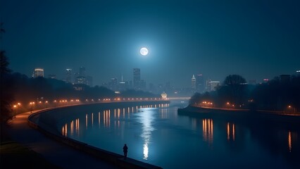 Night Cityscape with Full Moon over River,Reflections and Riverside Walkway