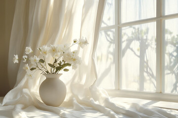 White flowers in a vase by a sunlit window draped with sheer curtains