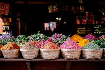 Fototapeta premium Spices Displayed in Woven Baskets in a Moroccan Market, Colorful, Vibrant