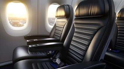 Modern airplane seats.  Inside view of two adjacent seats with black leather upholstery.  Sunlight streams through the windows