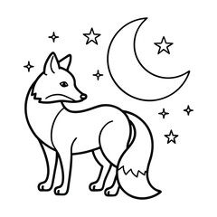 Decorative Fox Illustration in a Night Scene with Crescent Moon and Stars