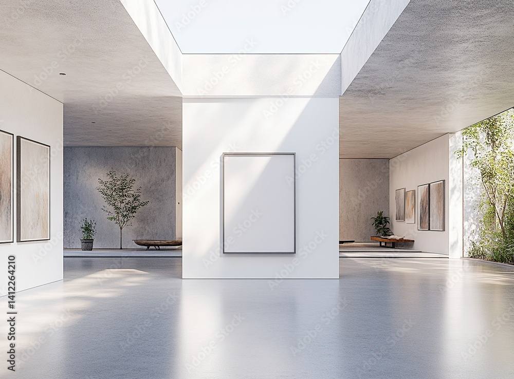 Poster a large white wall with an empty square frame in the middle, set in a clean and modern art gallery i
