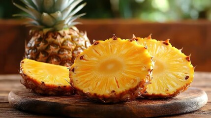 Fresh pineapple slices on wooden board.