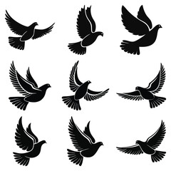 Nine Black Silhouettes of Doves in Flight Peace Symbols  Illustration
