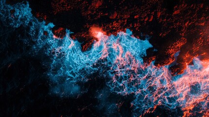 Fototapeta premium Aerial view of waves crashing on rocky shore with dramatic red and blue lighting