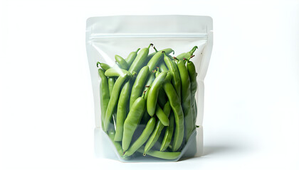 A clear plastic bag filled with green beans on a white surface.