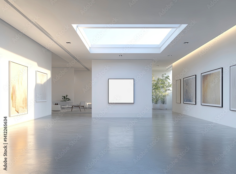 Aufkleber a large white wall with an empty square frame in the middle, set in a clean and modern art gallery i