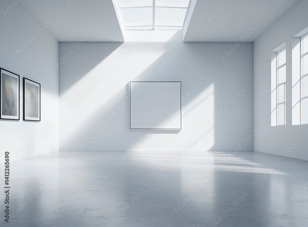 Aufkleber a large white wall with an empty square frame in the middle, set in a clean and modern art gallery i