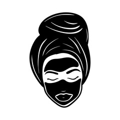 Minimalist Line Art of Woman with Facial Mask and Towel on Head – Beauty and Skincare Concept