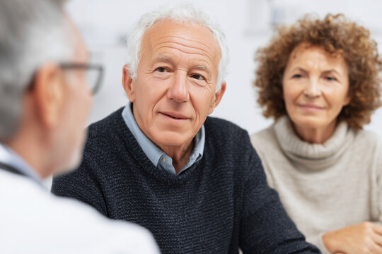 Doctor consultation with adult couple — medical clinic office scene showing serious discussion, diagnosis, and professional advice; focused interaction with empathy, trust, and healthcare support