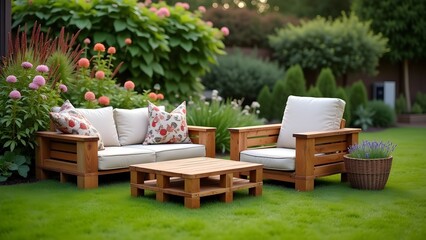 Lawn with pallet furniture, flowers, cushions, landscaped backyard, relaxing outdoor seating.