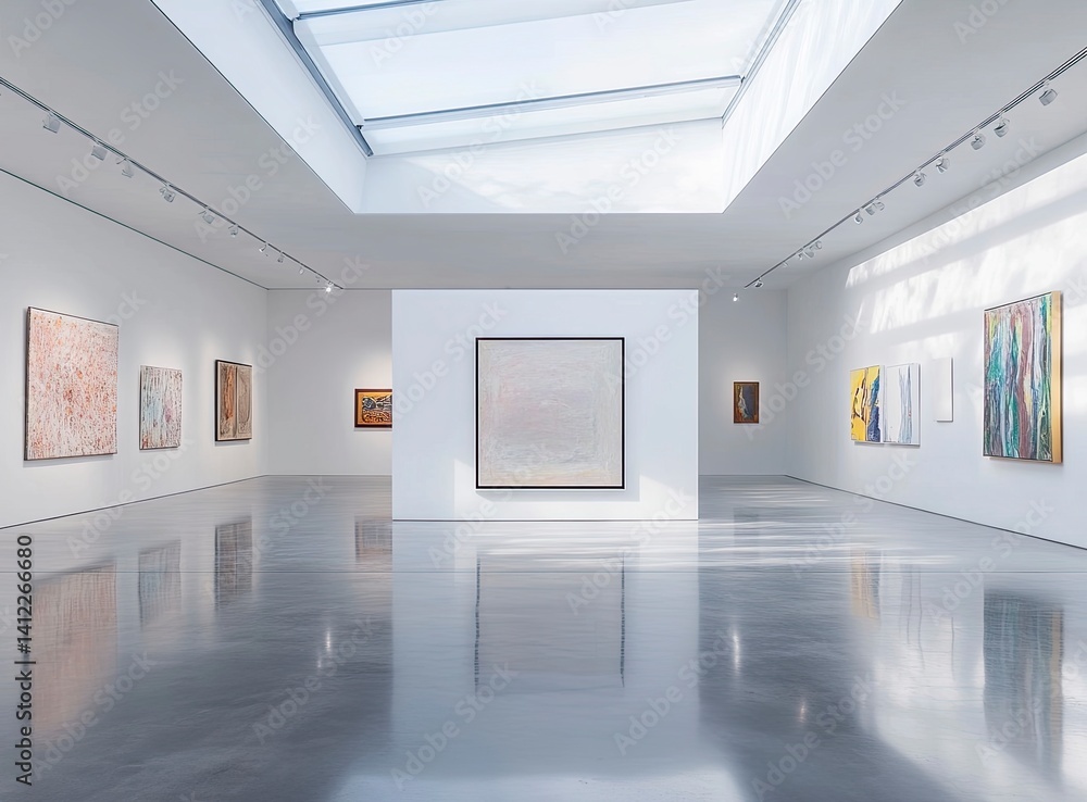 Aufkleber a large white wall with an empty square frame in the middle, set in a clean and modern art gallery i