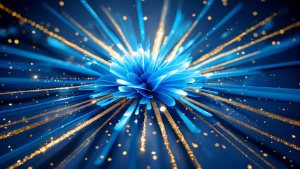 Ethereal blue light burst with golden sparkles