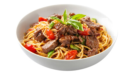 Delicious Beef Spaghetti in White Bowl on White Background for Culinary Designs