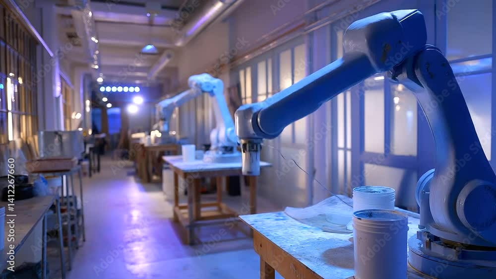 Aufkleber a futuristic art studio where robotics and creativity merge seamlessly.