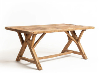 rustic wooden table with sturdy design, featuring natural finish and cross braced legs, perfect for dining or workspace. Its warm tones and texture add charm to any setting