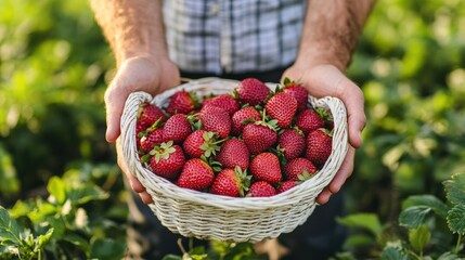 Freshly picked strawberries in a basket held by farmer's hands in a field.