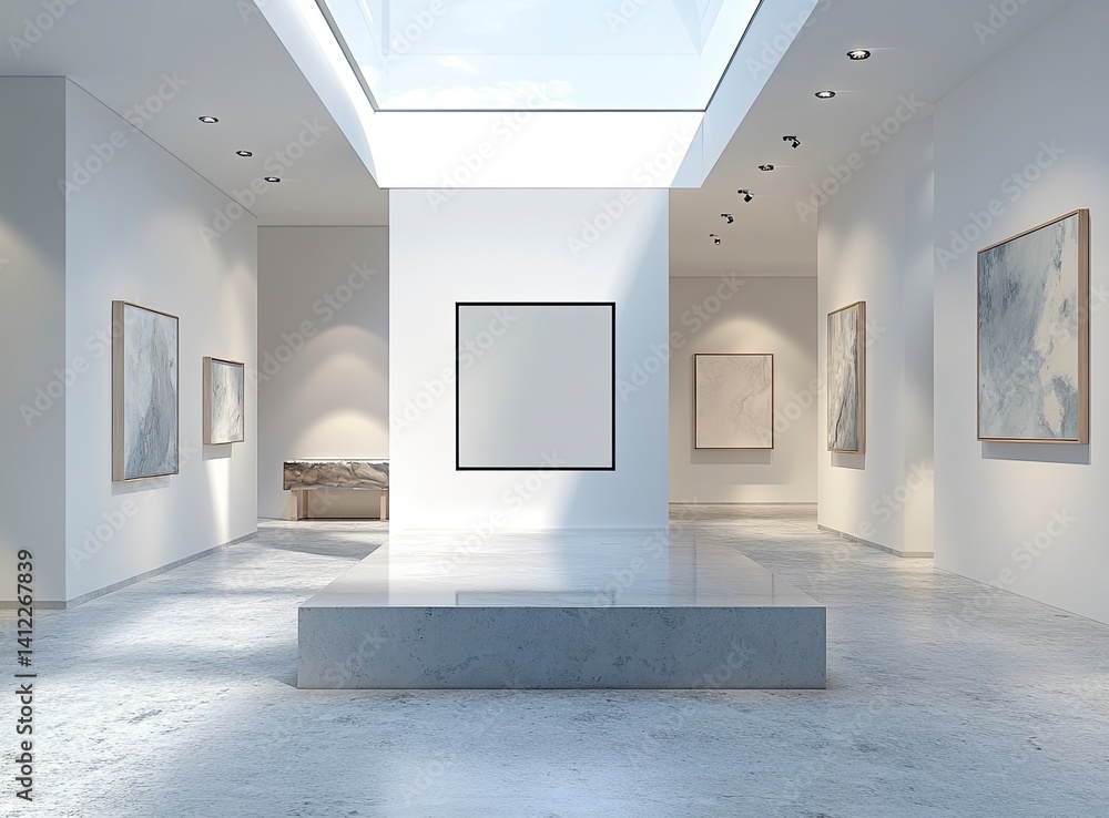Poster a large white wall with an empty square frame in the middle, set in a clean and modern art gallery i