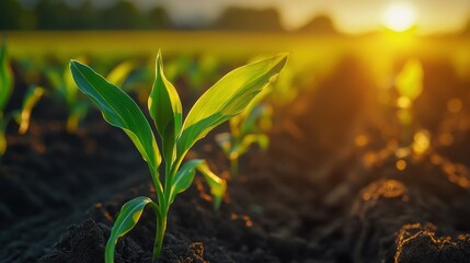 corn field leaf sprout green agriculture fresh corn sprout agriculture field row field sunset Crop enterprise up maize soil green warm sun sprouts cornfield point young agriculture.